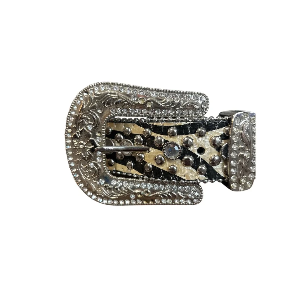 Y2K Zebra Print Rhinestone Western Belt Leather‎